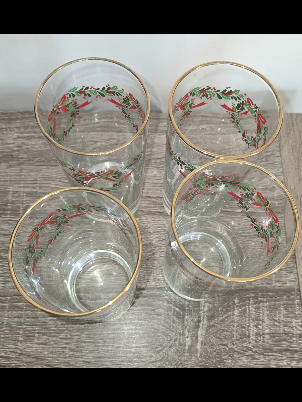 Set of 4 Vintage Libbey Irish Christmas Holly Wreath Ribbon Glasses Gold Trim SE